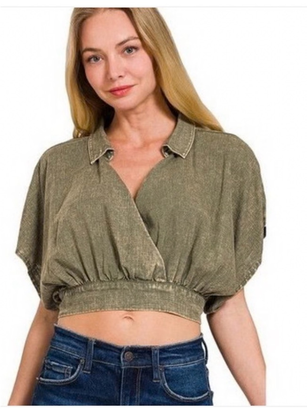 Zenana Outfitters Olive mineral wash cropped top